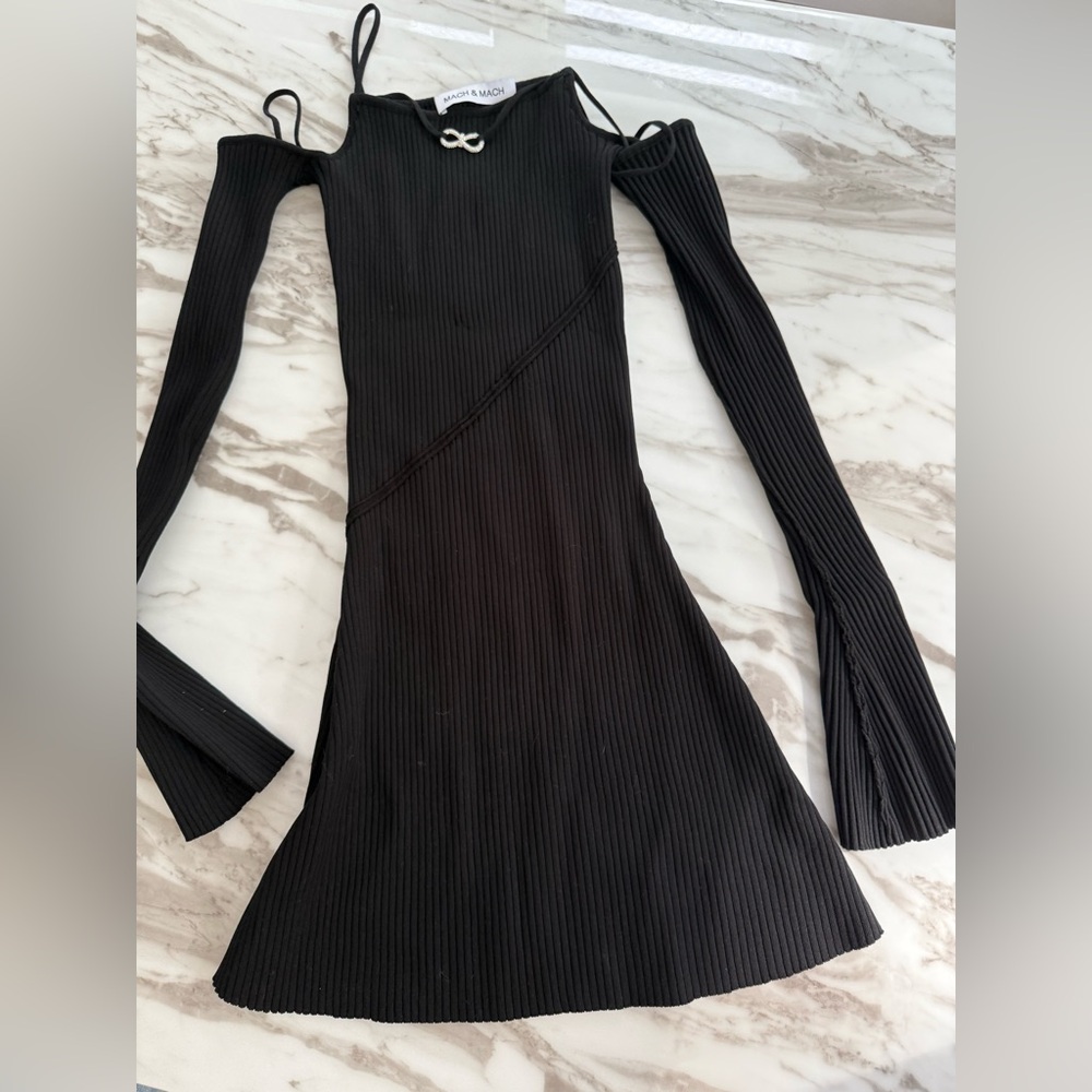 Mach & Mach Crystal Bow Ribbed Off Shoulder Long Sleeve Mini Sweater Dress - Picture 6 of 12